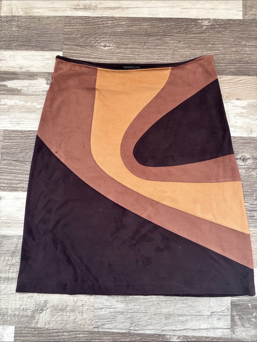 Kenneth Cole Colorblock Suede-Effect A-Line Skirt in Black, Brown & Tan